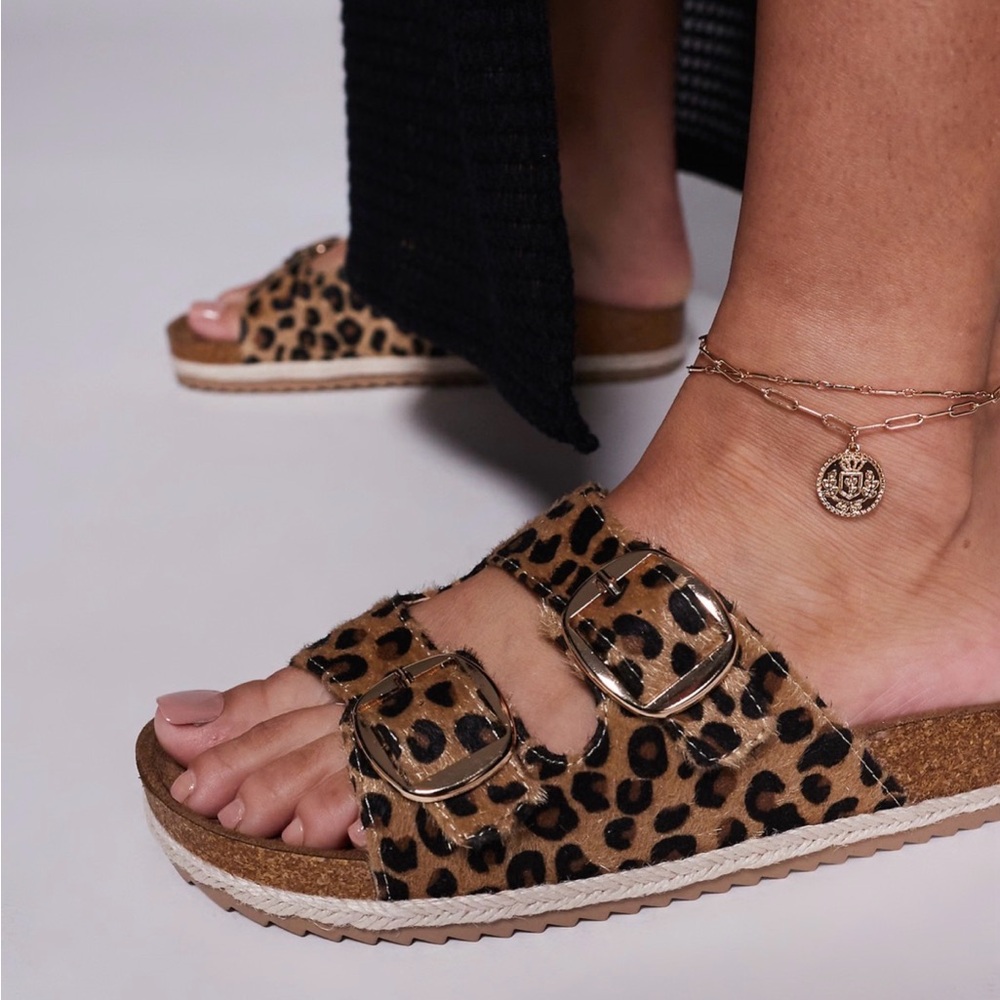 Women's Leopard Print Slide Sandals - Tan/Black - Picture 3 of 8